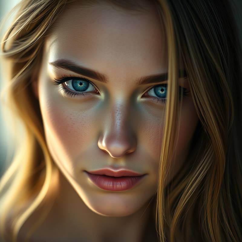 A captivating portrait of a woman with striking blue eyes and soft, natural lighting
