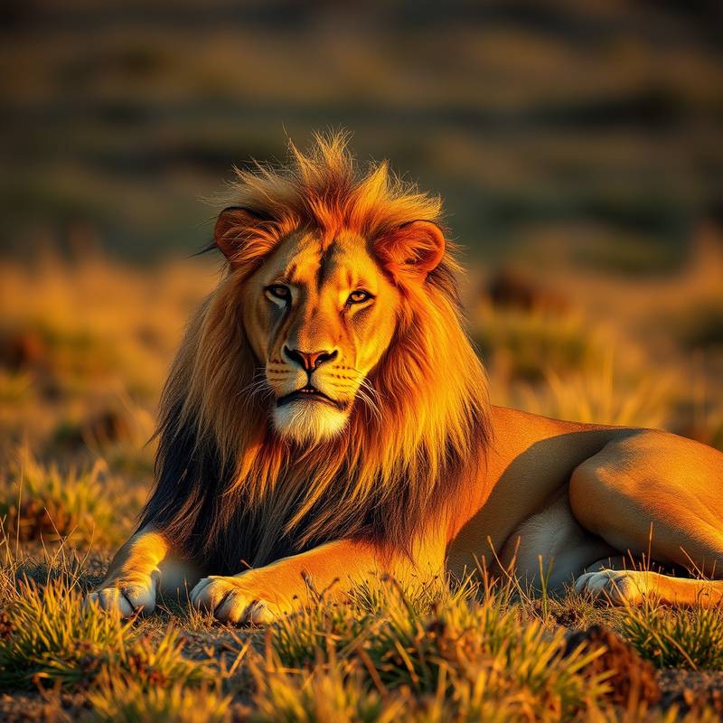 A majestic lion resting in the African savanna, bathed in golden sunlight
