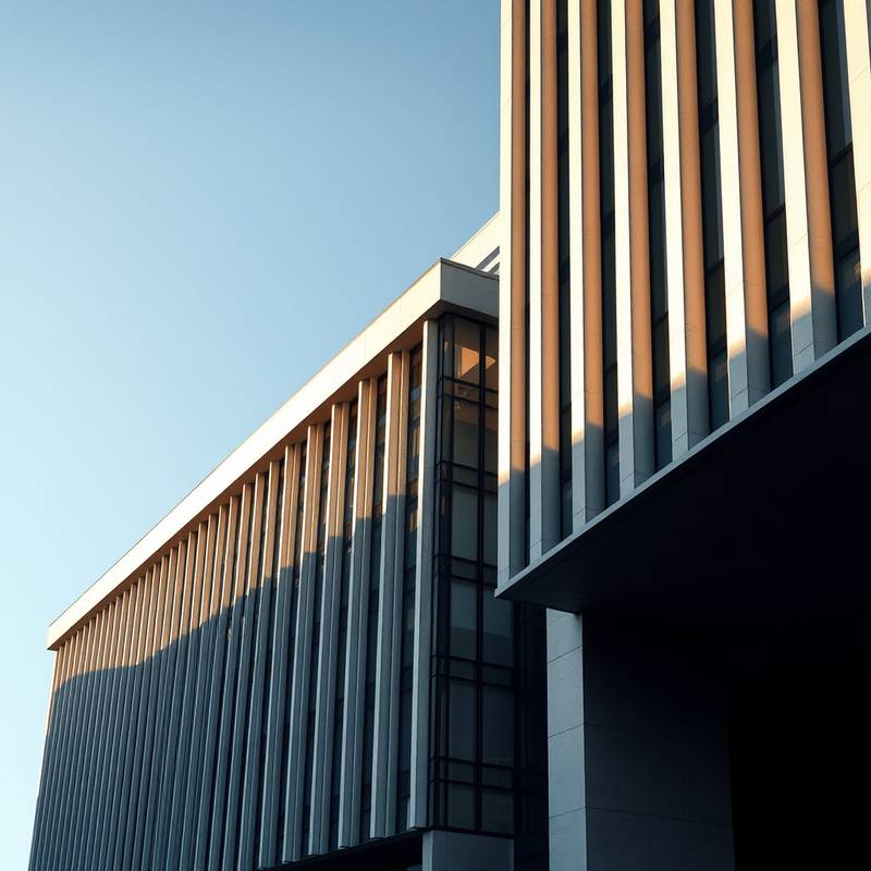 A modern architectural building with sharp lines and dramatic shadows