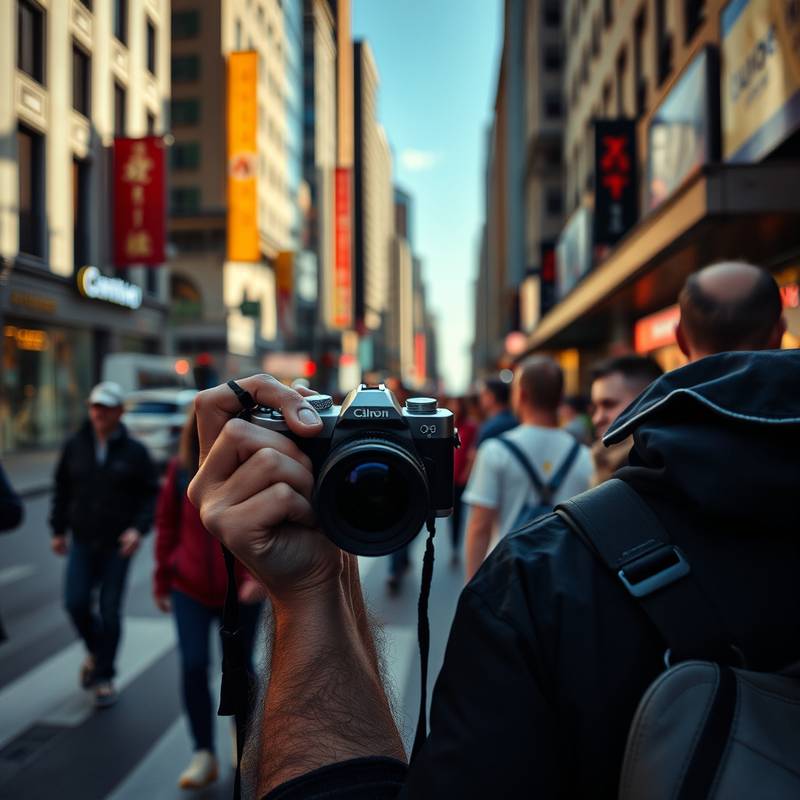 A photo of Marcus Bell, a street photographer, holding a camera in a bustling city street