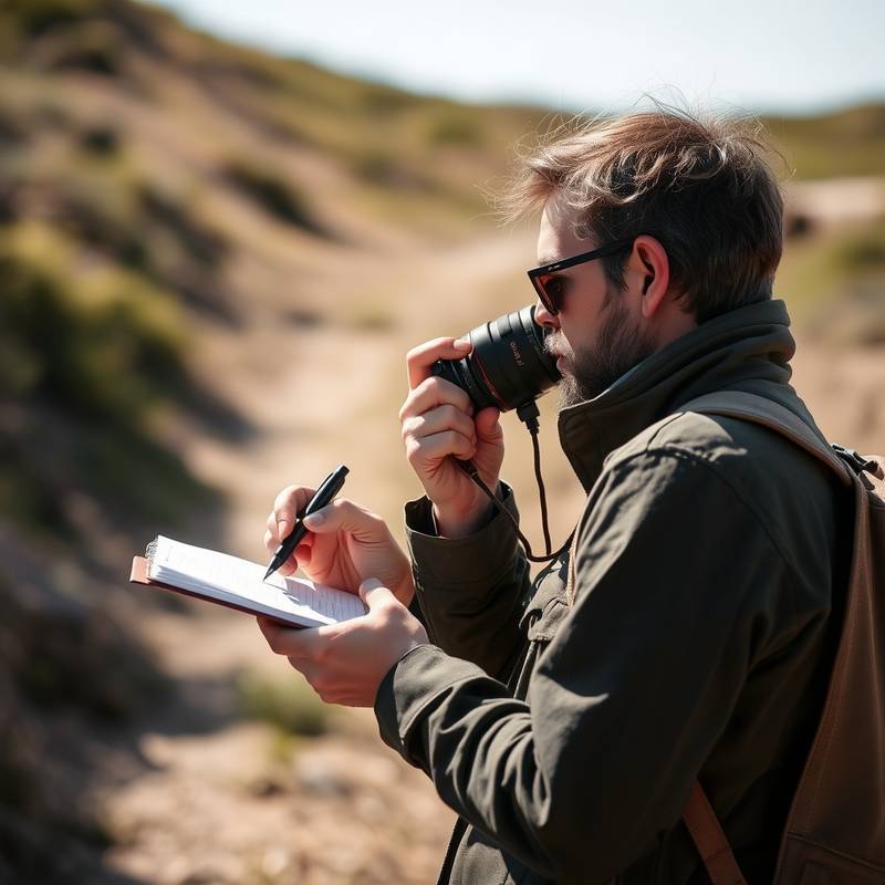 A photographer scouting a location with a notebook and pen, taking notes.