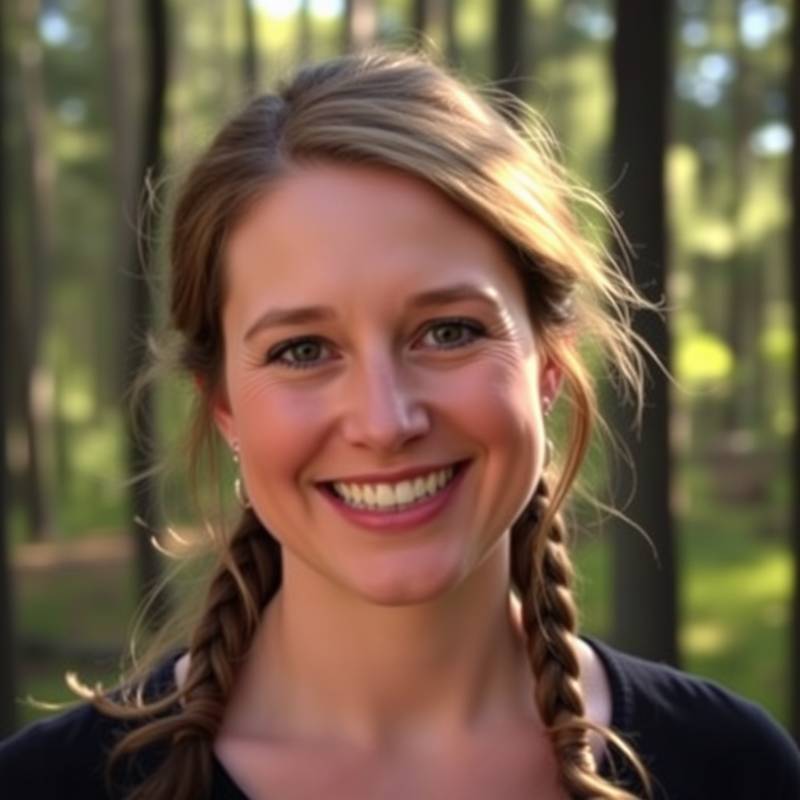 A portrait of Eleanor Vance, a nature photographer, smiling in a forest setting