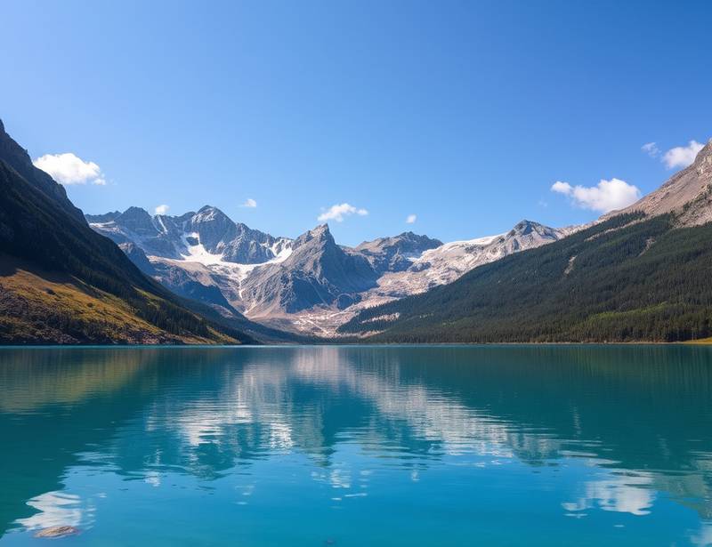 A serene mountain landscape with a clear blue lake reflecting the sky