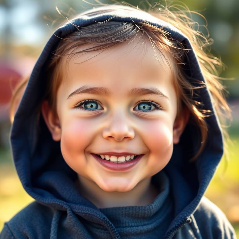 Child with blue eyes smiling outdoors.