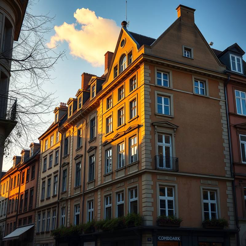 Exterior of a historic building in Europe at golden hour.