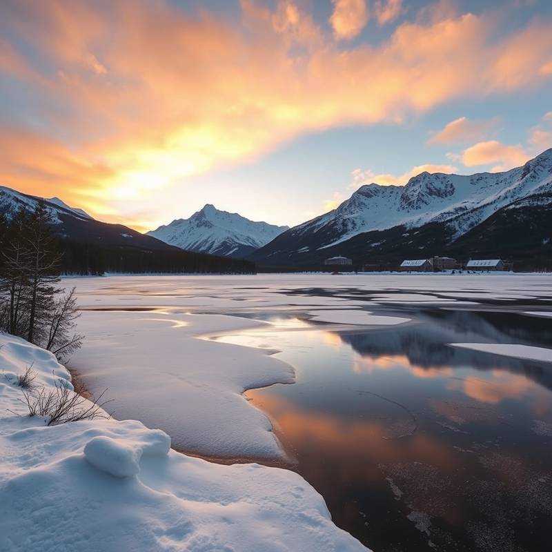 Snowy mountains at sunset reflecting in a frozen lake.